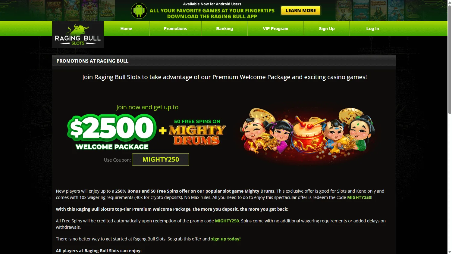 Raging Bull Casino desktop promotions with the welcome package