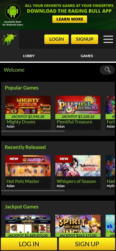 Raging Bull Casino mobile casino games