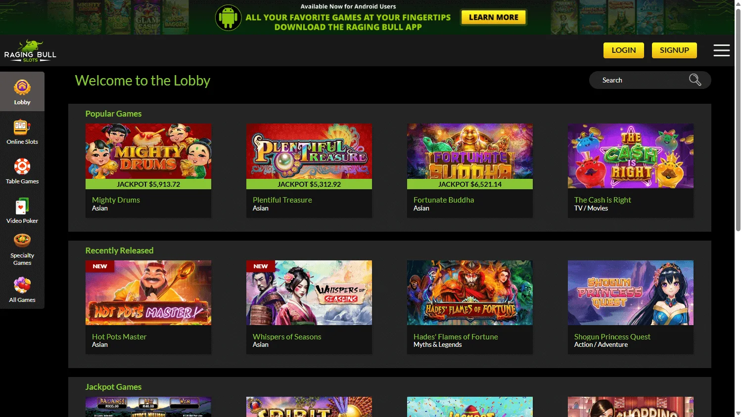 Raging Bull Casino desktop games including RTG casino content