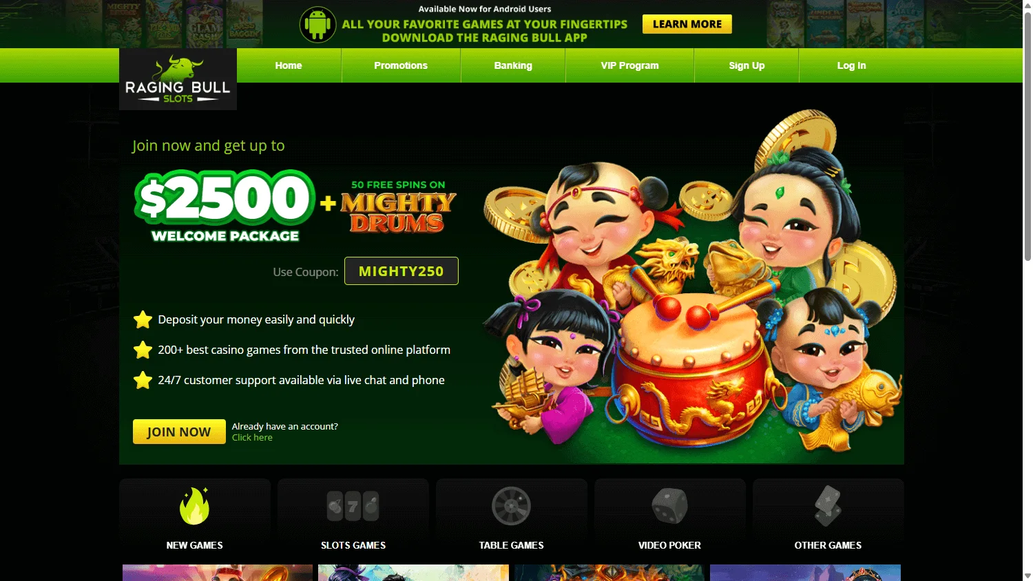 Raging Bull Casino desktop RTG game selection